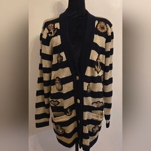 Vintage 80s Classiques Striped Metallic Gold Black Cardigan Bullion Patches